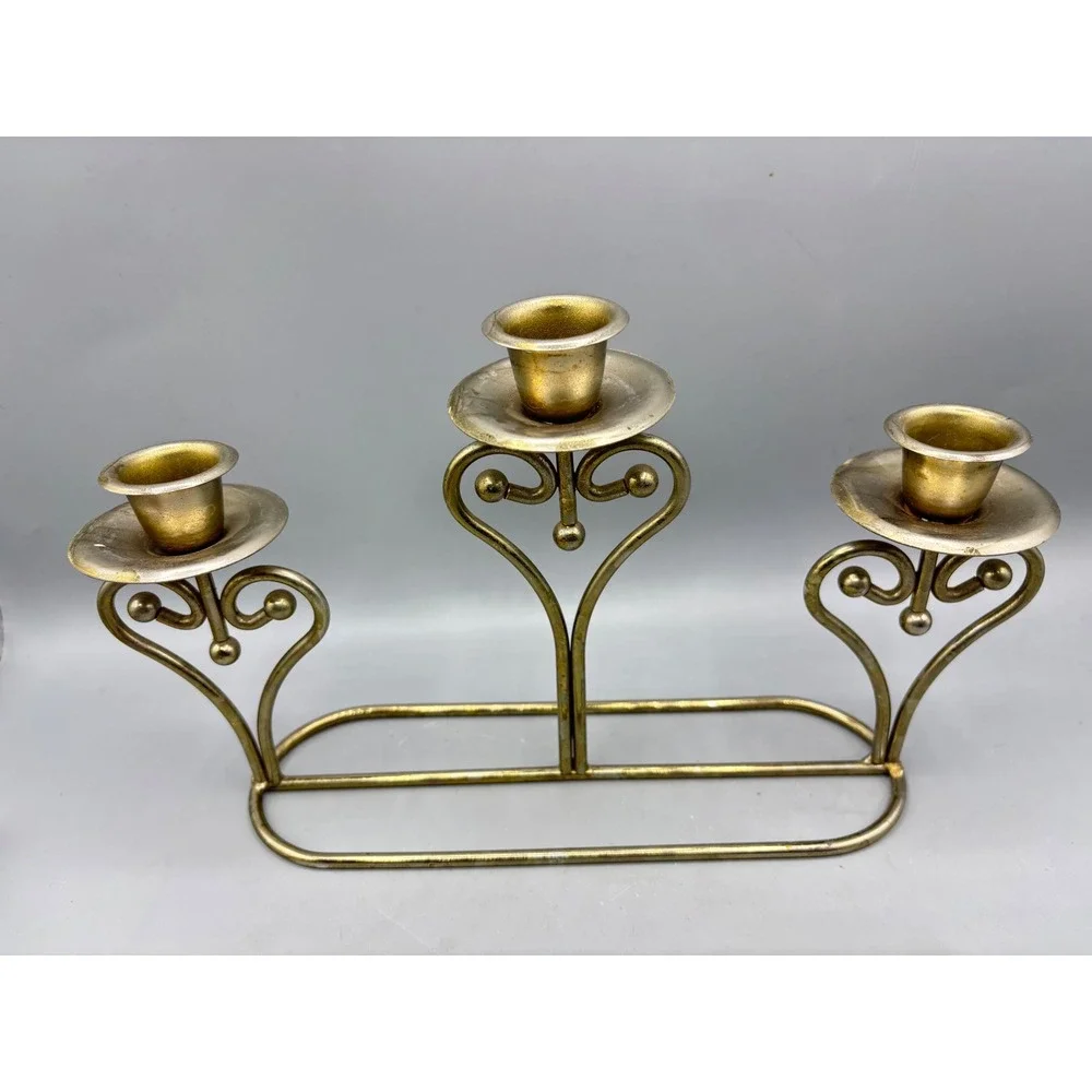 Vintage Brass Tone Metal 3 Light Candelabra Heart Scroll Taper Candle Holder